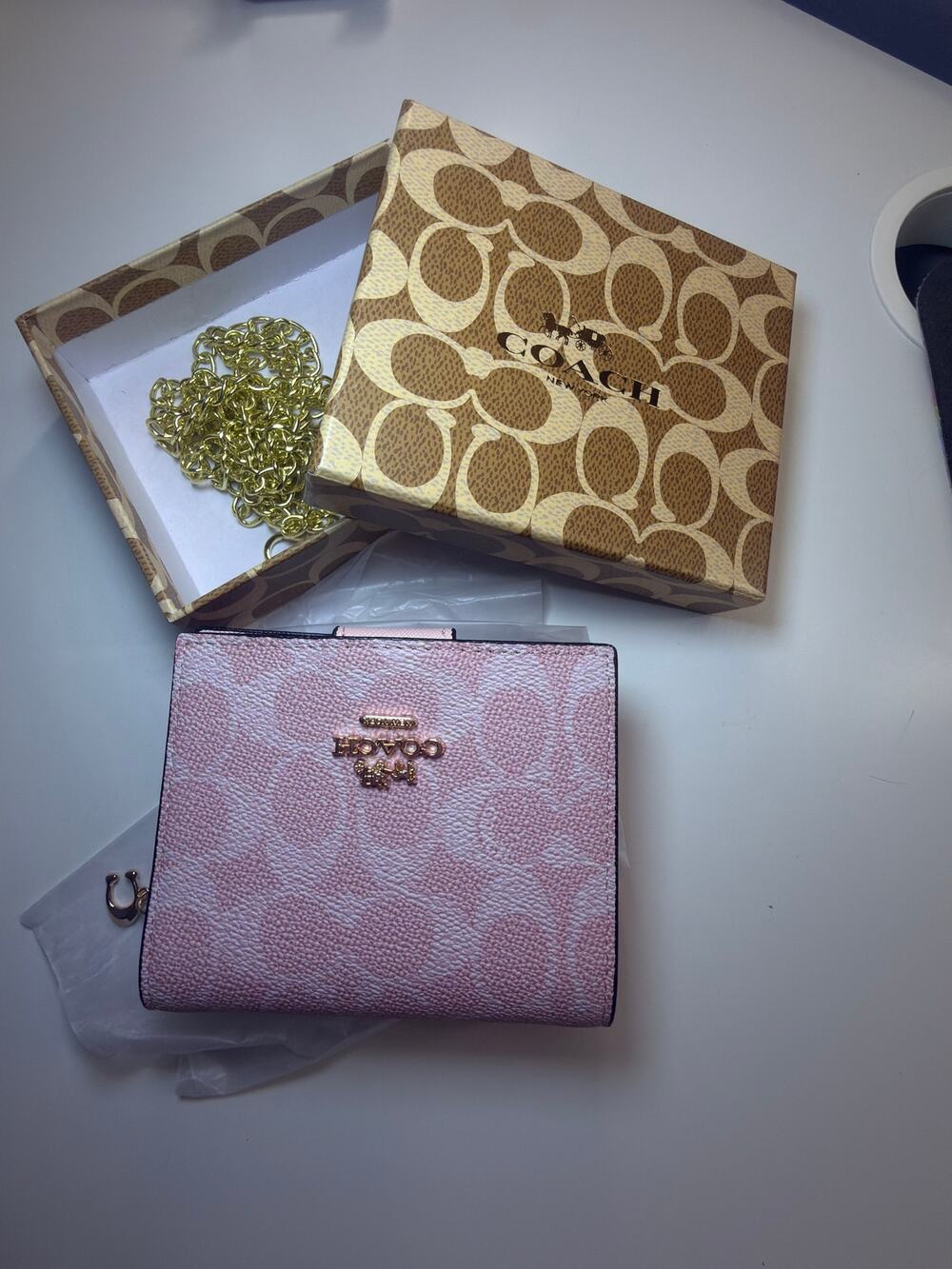 Coach Pink Signature Crossbody Wallet | Gold Chain Mini Shoulder Bag